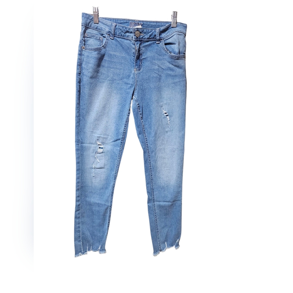 Justice Blue Ankle Cropped Mid Rise Super Skinny Jeans with Distressed Details